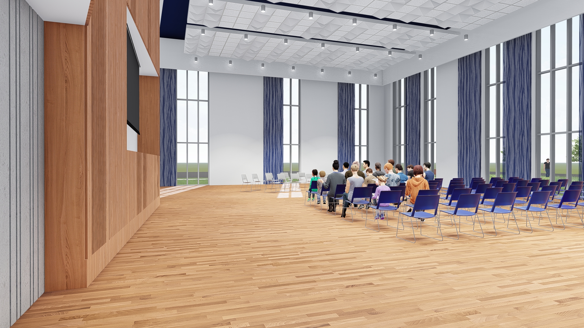 rendering of rehearsal hall with seated people
