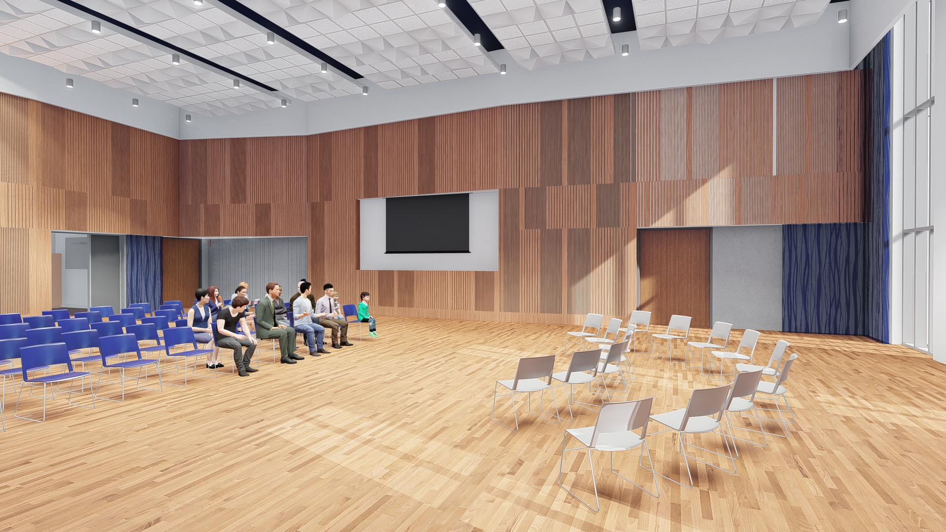 rendering of rehearsal hall with screen