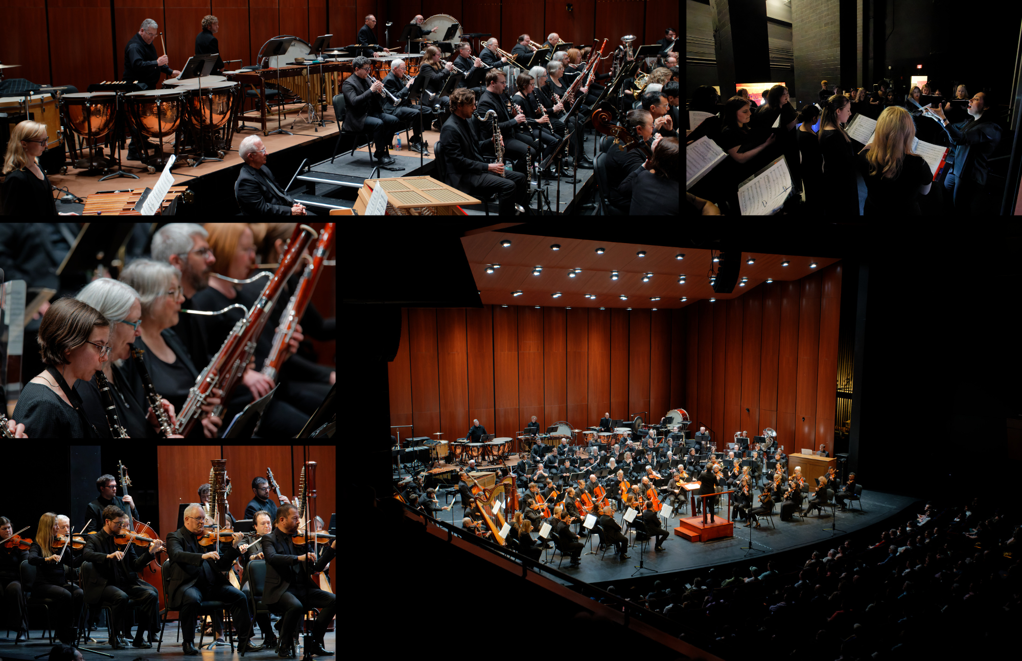 Collage of photos of a symphony on stage in a performance hall.