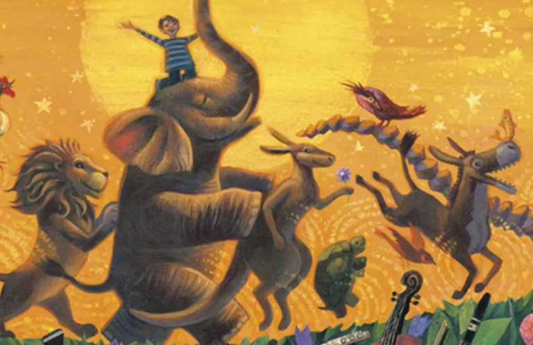 A child rides an elephant leading a parade of animals, including a lion, rabbit, turtle, bird, and donkey, against a bright yellow, starry background—perfect for a sensory-friendly performance in the Arkansas Symphony Orchestra’s family concert series.