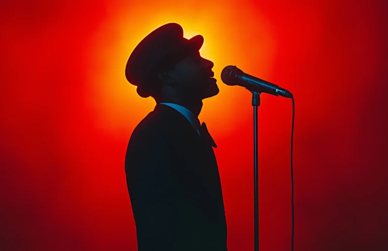 Silhouette of a person wearing a hat singing into a microphone with a red and orange glowing background, evoking the spirit of iconic music from legends like Quincy Jones.