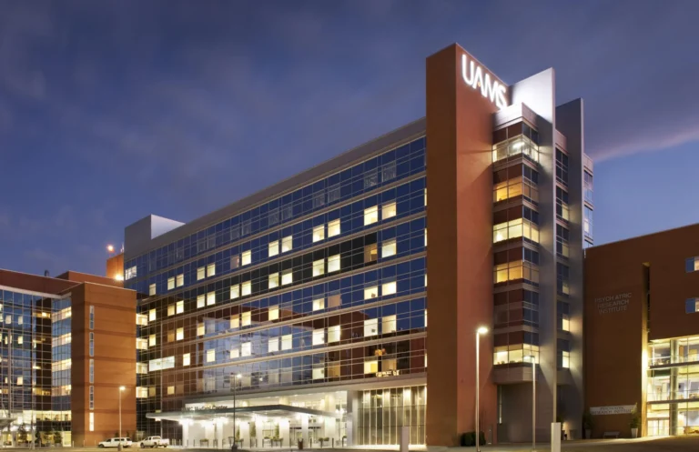 Exterior of UAMS building at night