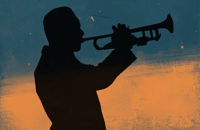 Silhouette of trumpet player against colorful background